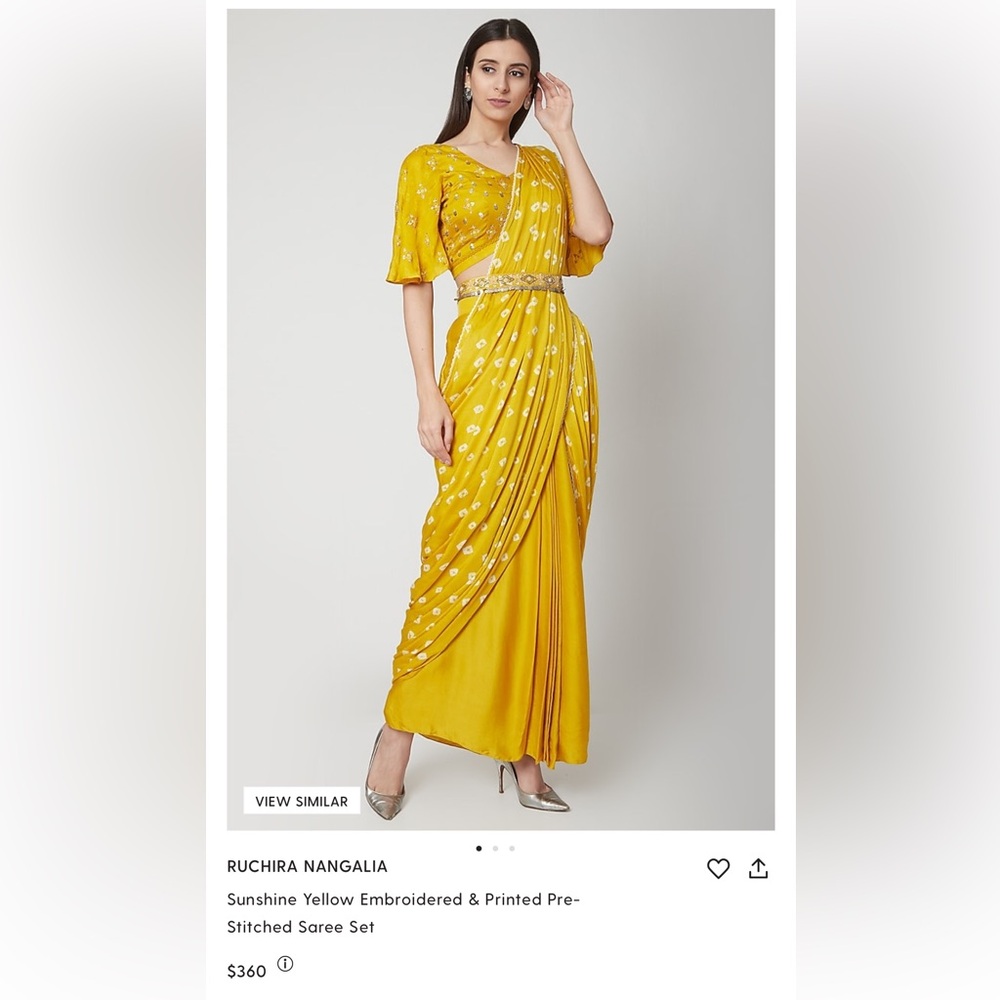 NWT Sunshine Yellow Embroidered & Printed Pre-
Stitched Saree Set Size XL